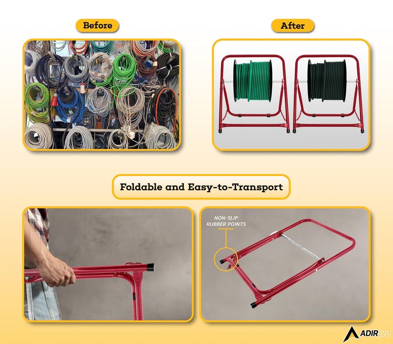AdirPro Durable Single Axle Cable Caddy - Commercial Industrial Grade Steel Wire Dispenser - Compact Design Holds Cable Reels Up to 20" Diameter and 100 lb Capacity - Red - Image 5